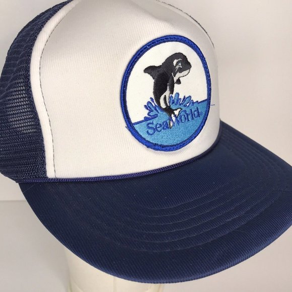 Vintage Seaworld Blue White Orca Killer Whale Patch Mesh Snapback Trucker Hat - Picture 3 of 9